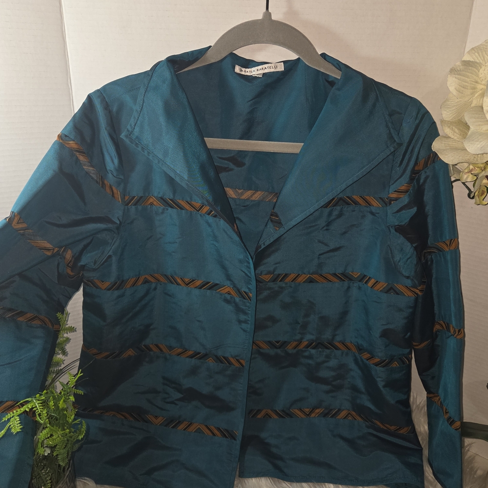 Marisa Baratelli Elegant Turquoise and Brown Women's Open Blazer. Size 8